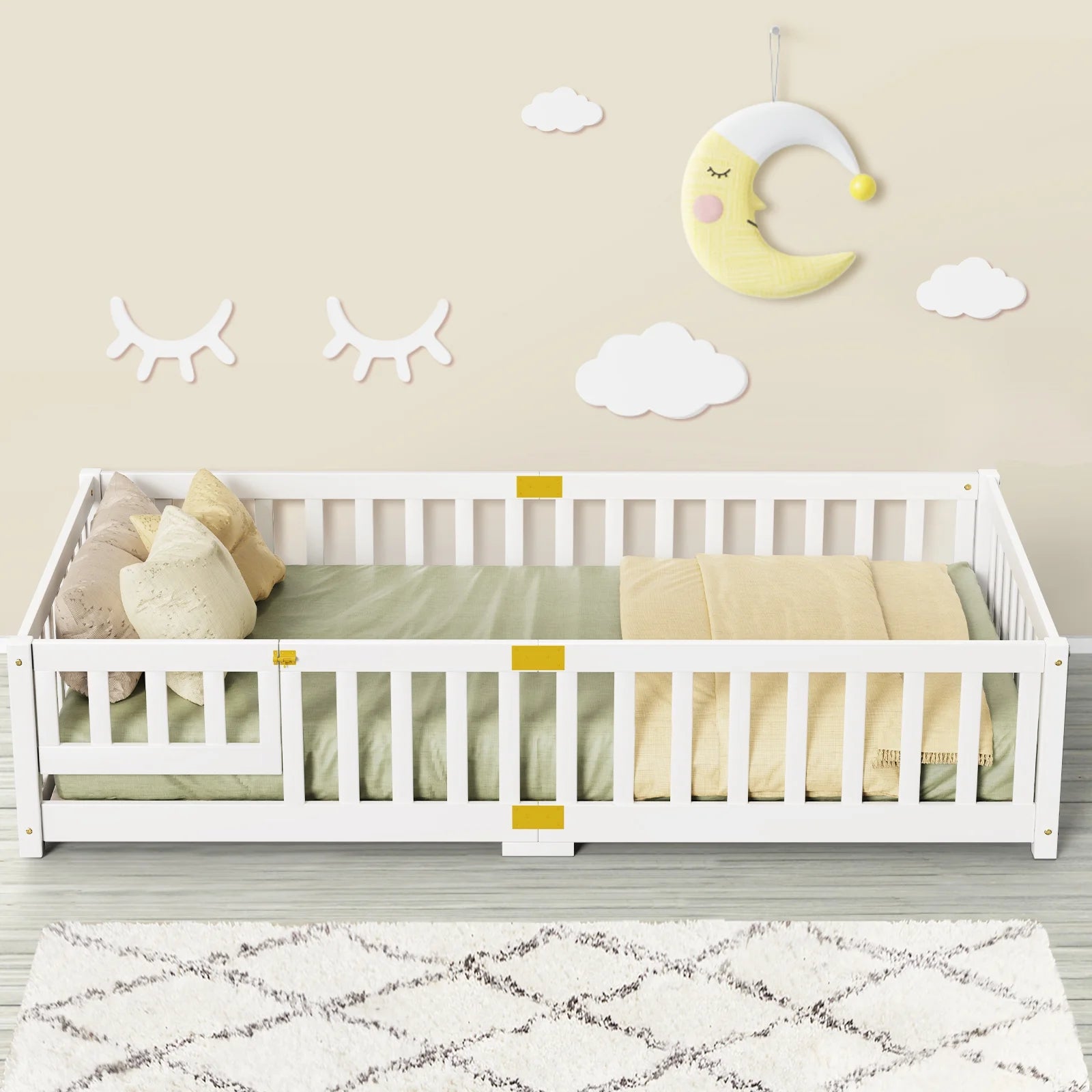 Slsy Twin Size Toddler Floor Bed, Solid Wood Montessori Bed Frame with Fence & Door Montessori Floor Bed Crib with Safety Guardrails for Girls and Boys