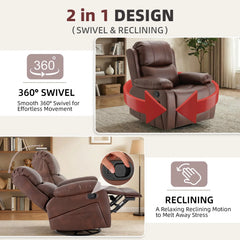AECOJOY 360° Swivel Recliner Chair with Massage and Heat, Manual Reclining Leather Recliner Chair, Brown