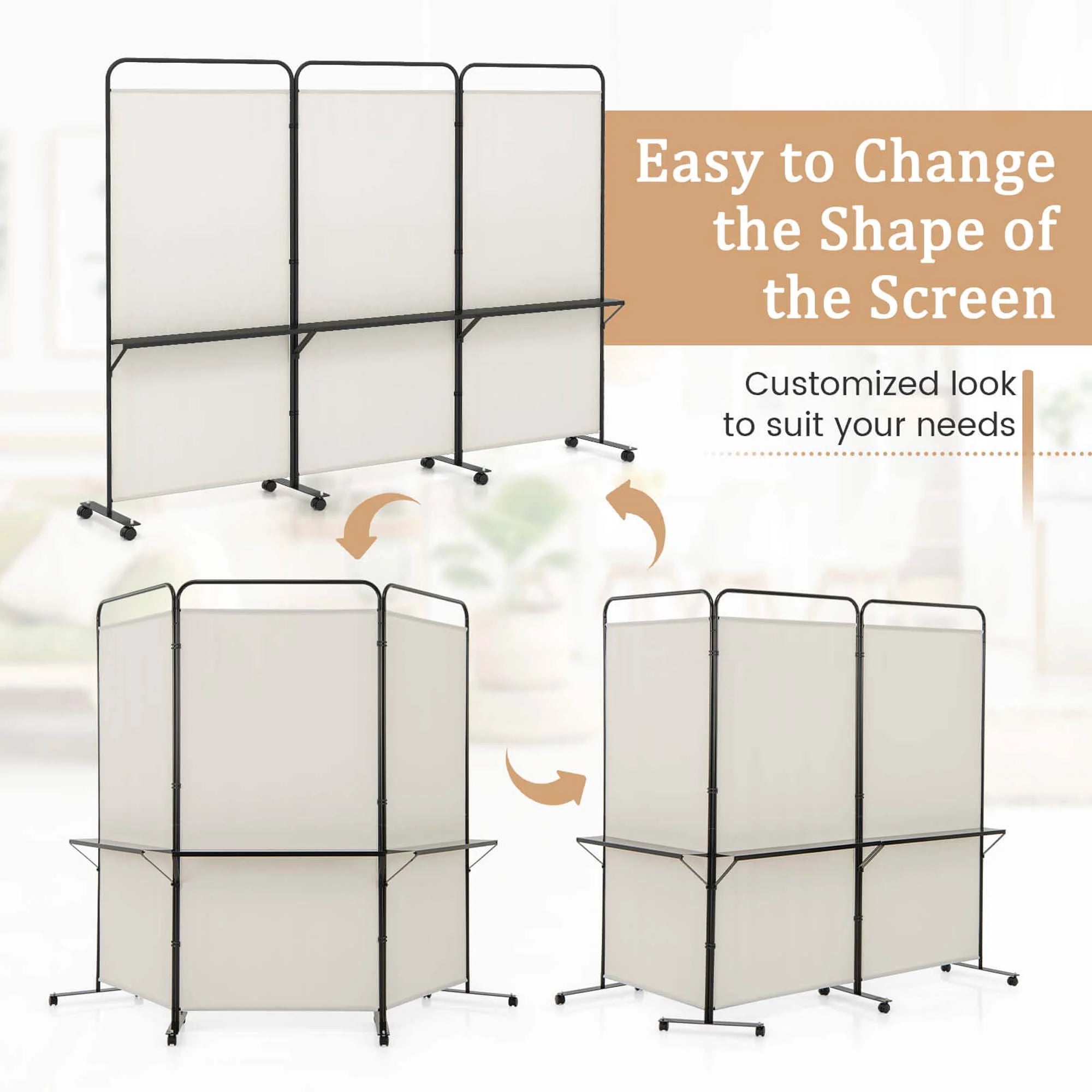 Costway 3 - Panel Room Divider with Storage Shelves 6FT Tall Folding Privacy Screen on Wheels Black