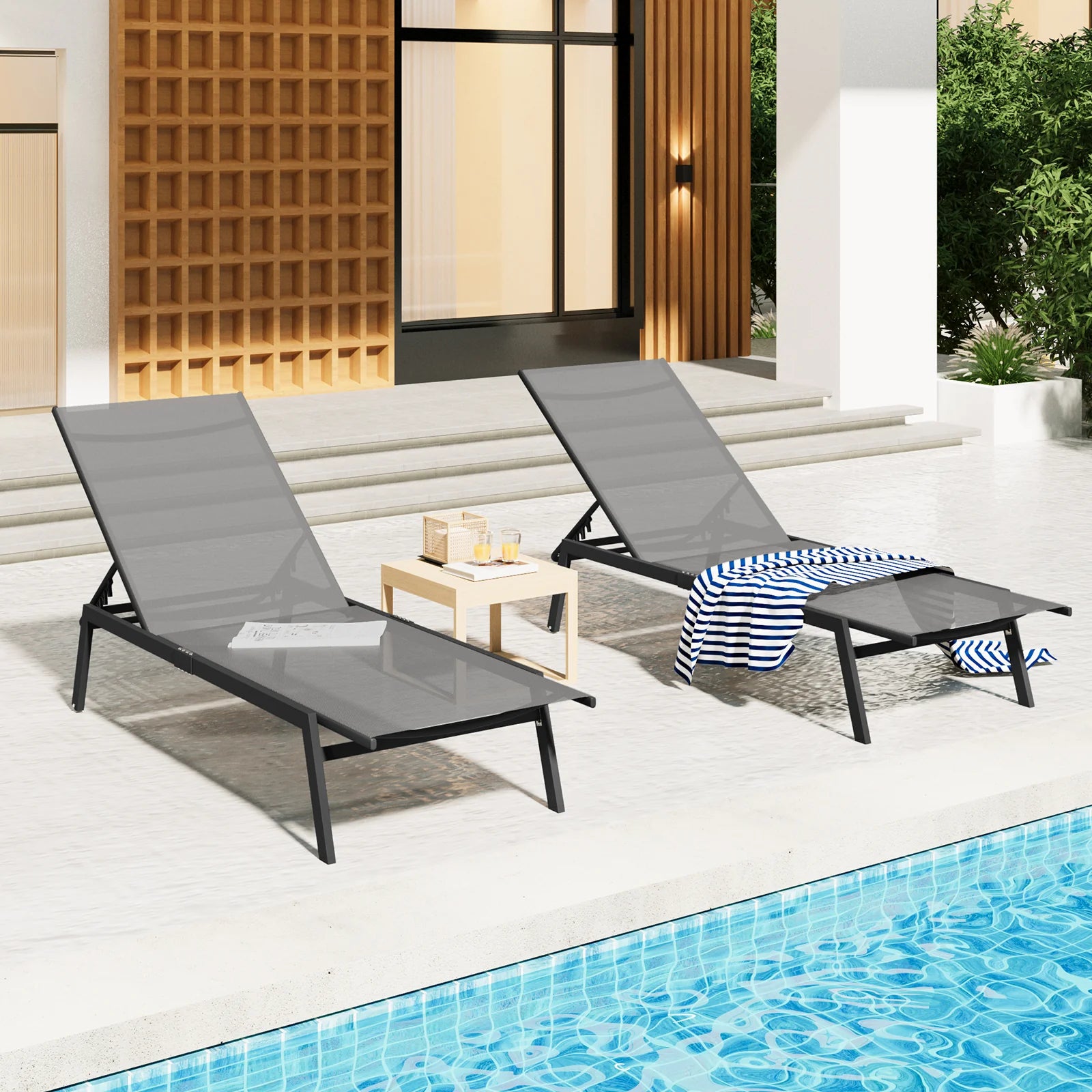 AECOJOY Patio Lounge Chairs, Outdoor Chaise Lounge with Wheels, Dark Grey, 2PCS