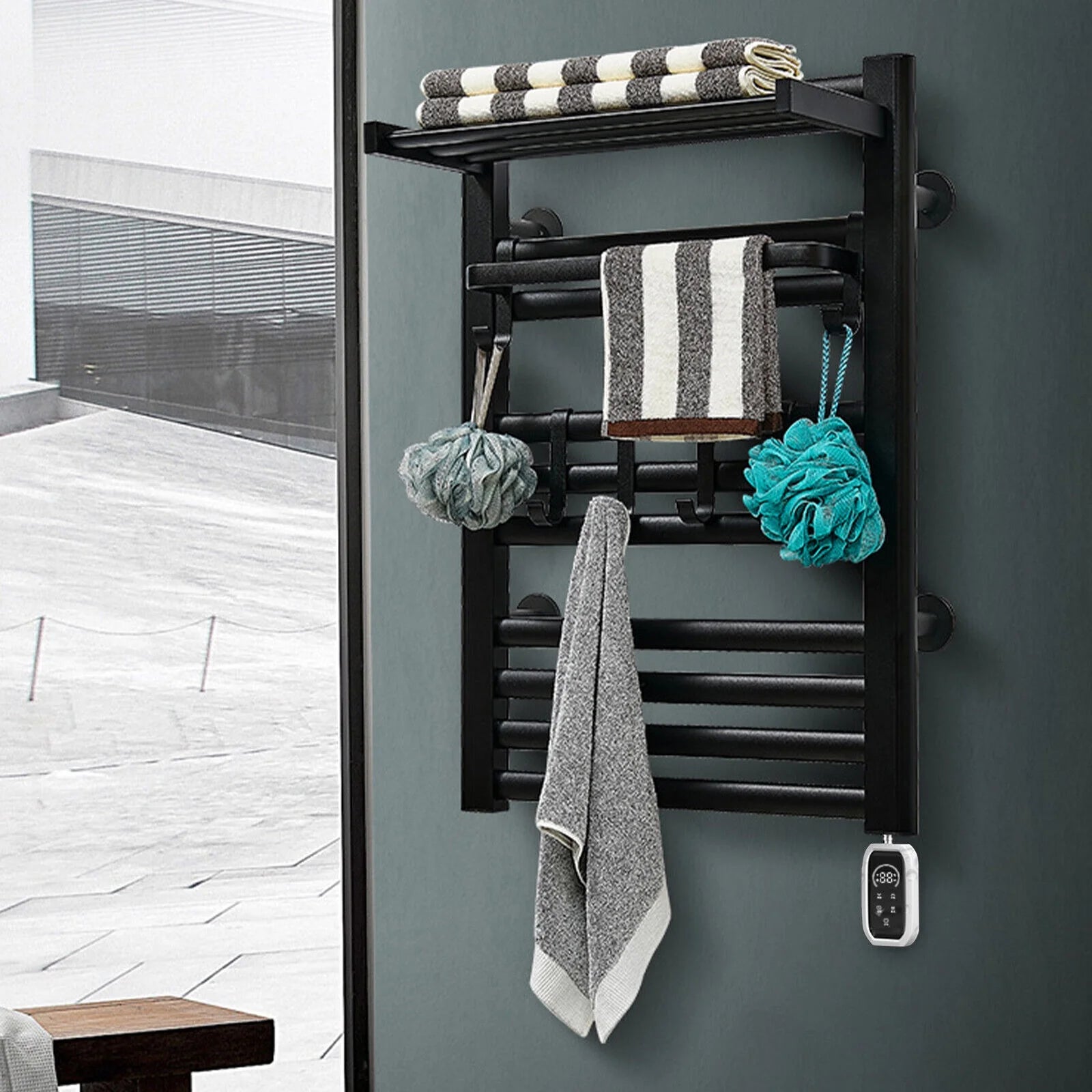 Heated Towel Rack Aluminum Heater Bathroom Warmer Shelf, Remote Control, 10 Rails+ 6 Hooks
