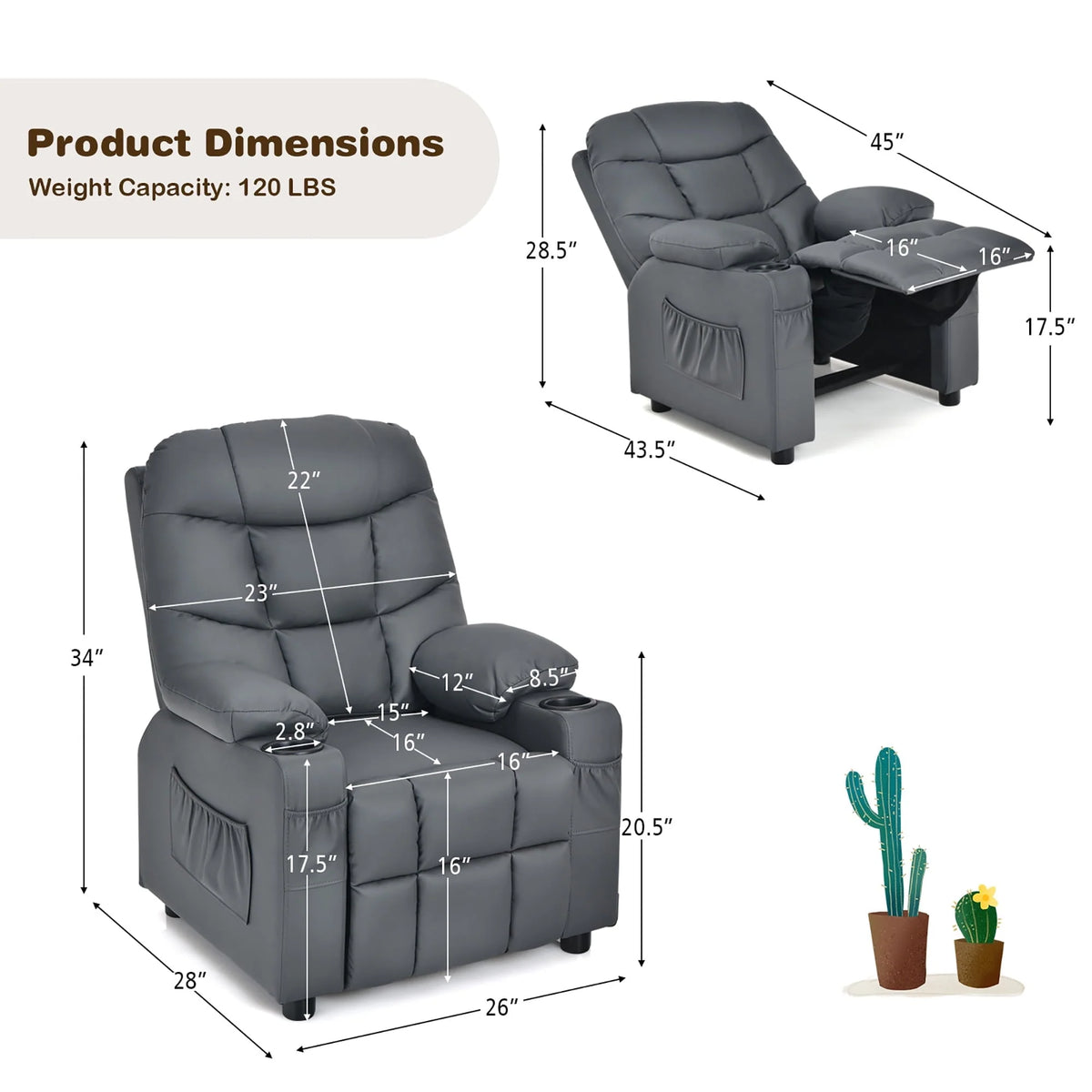 Costway Kids Youth Recliner Chair PU Leather W/Cup Holders & Side Pockets Grey