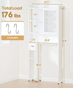Over the Toilet Storage Cabinet with Acrylic Door Panel and Paper Towel Drawer, Bamboo Space Saver Shelf, Bathroom Organizer Rack Above WC (without Power Strip, White)