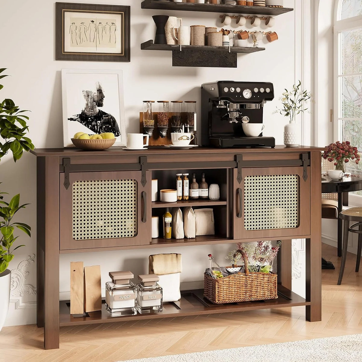 AECOJOY Buffet Cabinet, Coffee Bar Storage Cabinet, 46'' Coffee Bar Table with Rattan Sliding Barn Door, Adjustable Shelves and Bottom Open Shelf