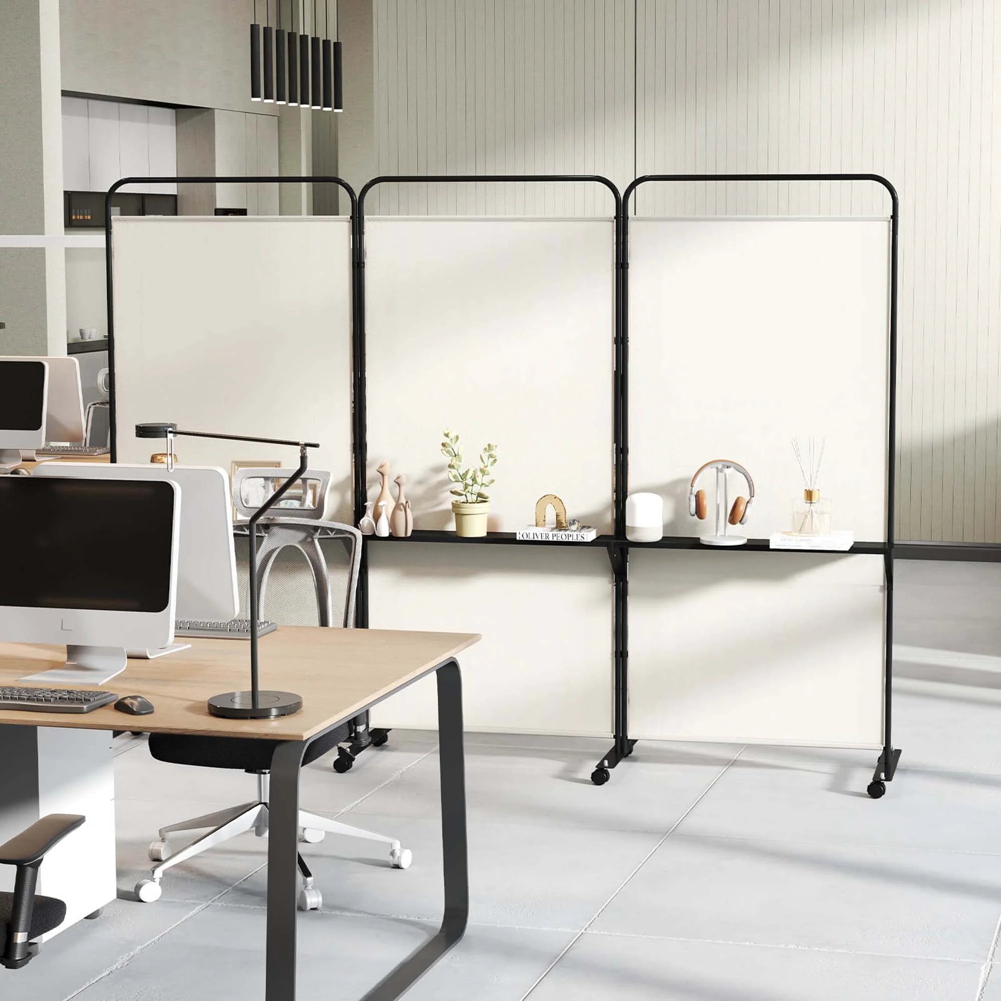 Costway 3 - Panel Room Divider with Storage Shelves 6FT Tall Folding Privacy Screen on Wheels Black