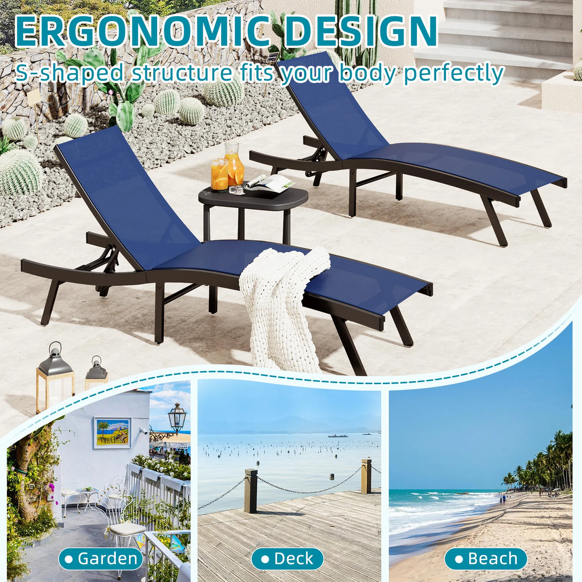 AECOJOY Outdoor Chaise Lounge, All Weather Pool Lounge Chairs Ergonomic Design (Navy, 2 PCs)