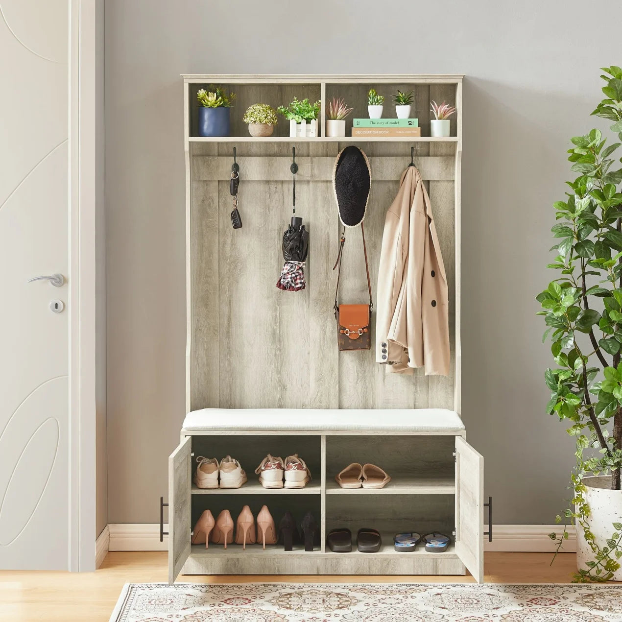 Entryway Hall Tree with Storage Bench, Wooden Coat Rack with Sponge Pad and 4 Dual Hooks, Storage Shelf Organizer with 2 - Door Cabinet for Entryway, Bedroom, Easy to Assemble