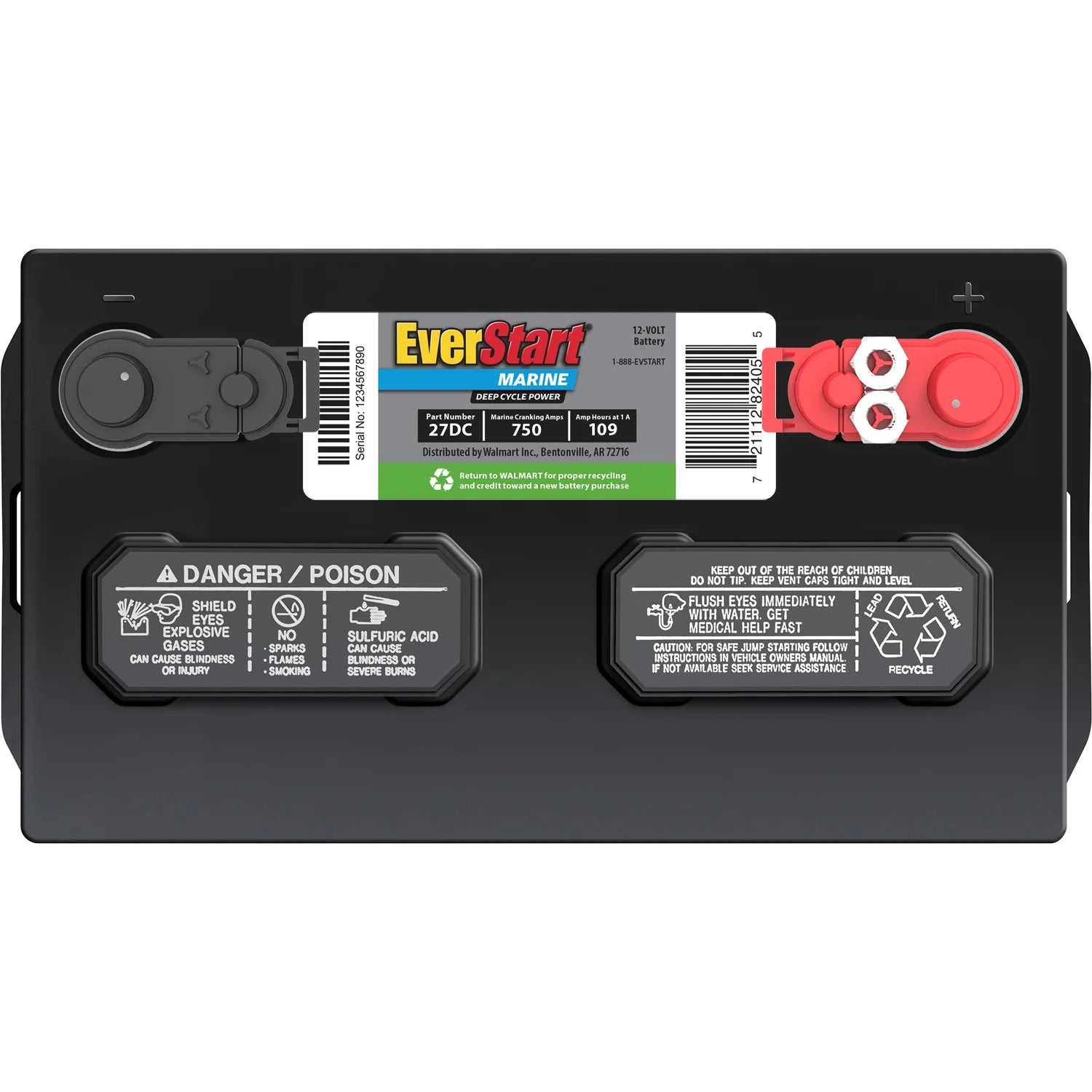 Everstart Lead Acid Marine & RV Deep Cycle Battery, Group Size 27DC 12 Volt, 750 Mca*