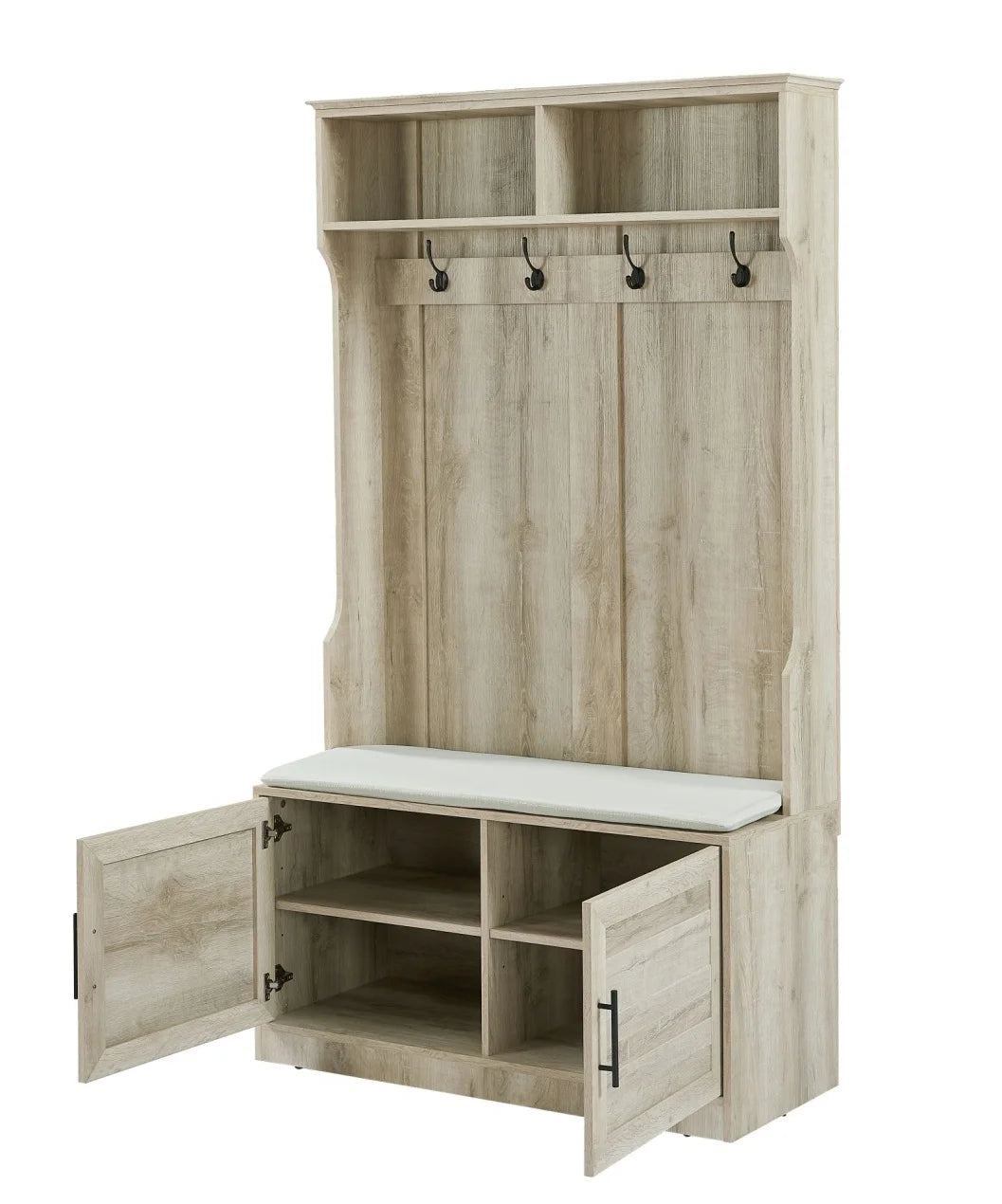 Entryway Hall Tree with Storage Bench, Wooden Coat Rack with Sponge Pad and 4 Dual Hooks, Storage Shelf Organizer with 2 - Door Cabinet for Entryway, Bedroom, Easy to Assemble