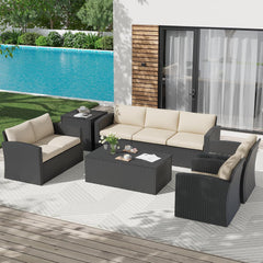 AECOJOY 7 PCS Outdoor Patio Furniture Sets with 2 Storage Boxes, Black & Beige