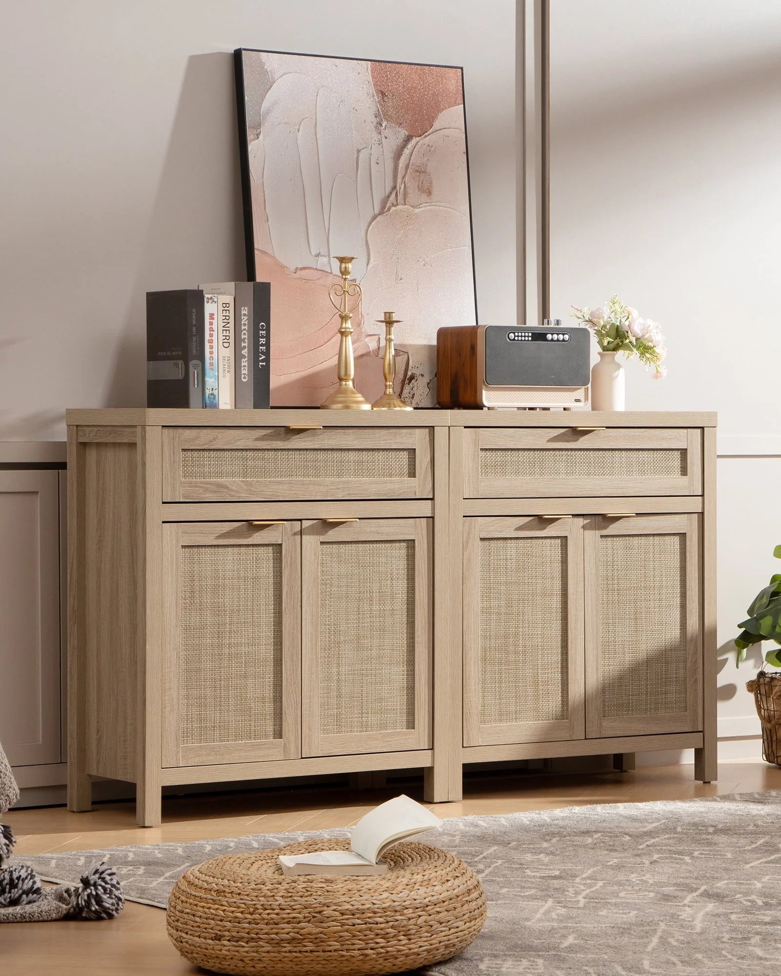 Nopurs Rattan Sideboard Buffet Cabinet Set of 2, Boho Storage Cabinet Buffet Table with Doors and Drawer, Coffee Bar Cabinet for Kitchen Entryway Living Dining Room, Light Oak
