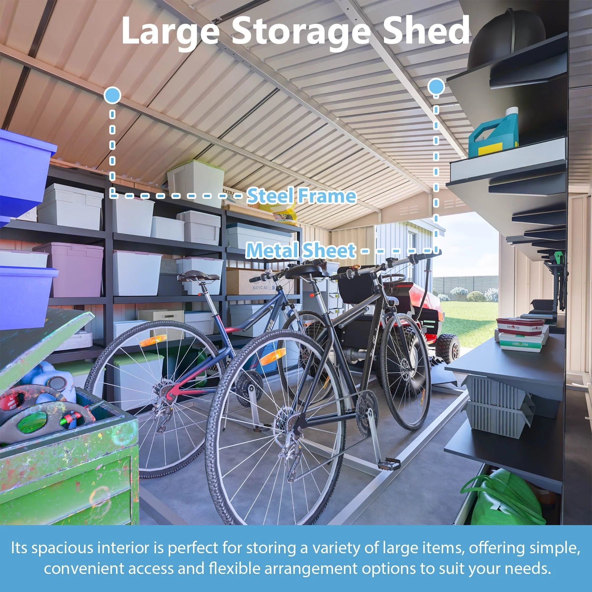 AECOJOY 10x14 FT Outdoor Metal Storage Shed, Large Garden Shed Tool Shed with 3 Lockable Doors & Side Door