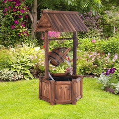 Rustic Outdoor Wishing Well Water Fountain with Electric Pump & Bucket, Old-Fashioned Wood Waterfall Fountain for Garden, Backyard & Patio Decor