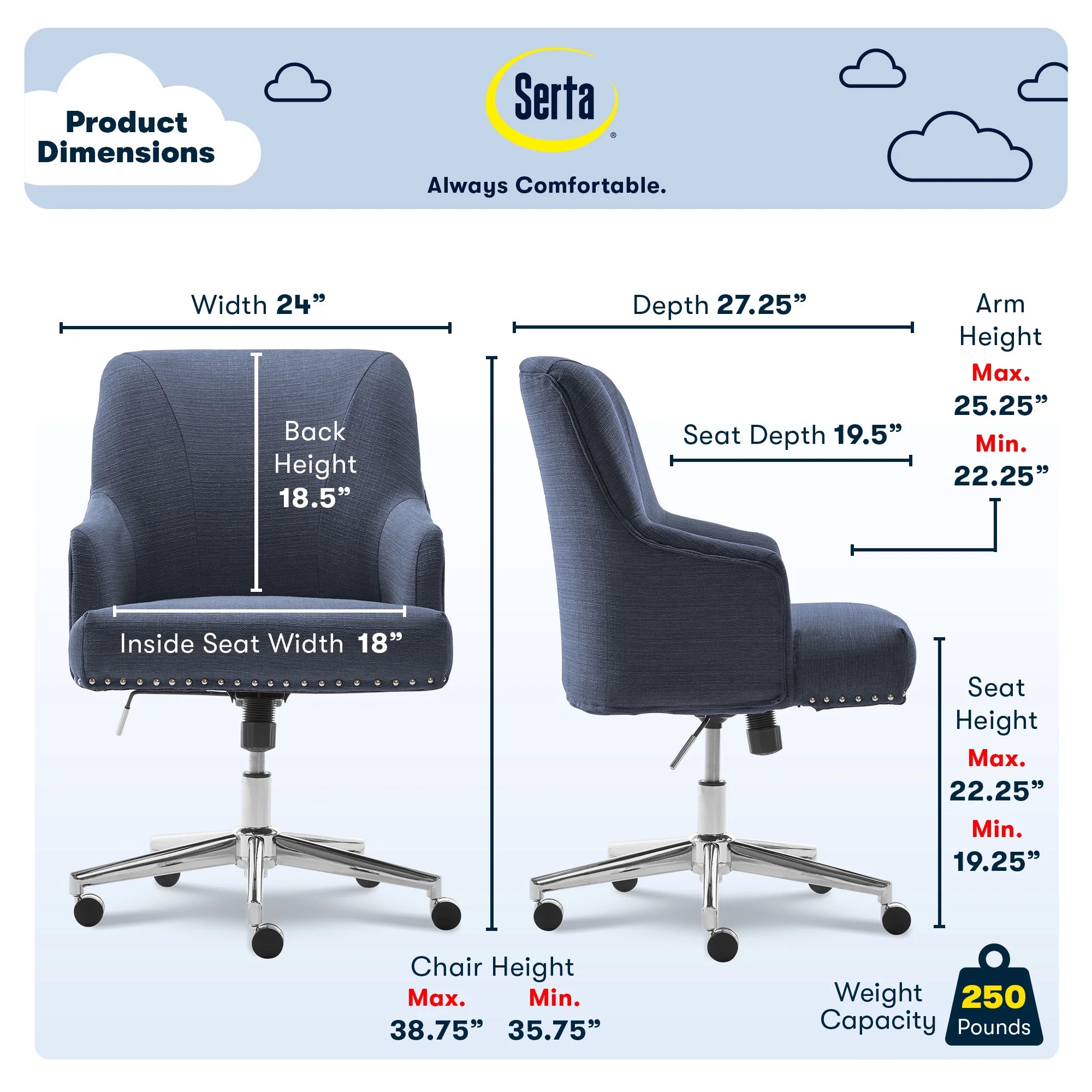 Serta Leighton Home Office Desk Chair Chrome Nailheads Twill Fabric Lilac Purple