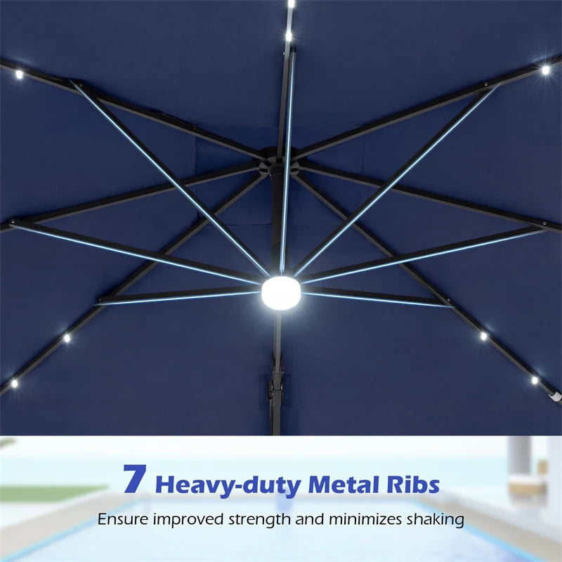 10 FT Cantilever Patio Umbrella with 32 Solar LED Lights, 360° Rotation & Easy Tilt, Square Outdoor Offset Hanging Umbrella with Cross Base