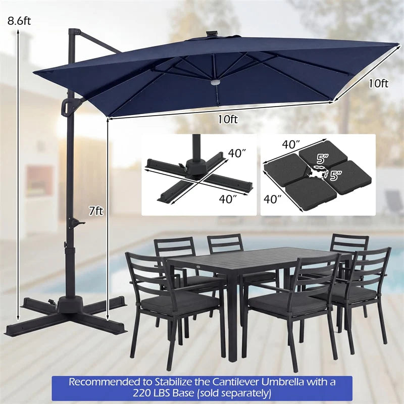 10 FT Cantilever Patio Umbrella with 32 Solar LED Lights, 360° Rotation & Easy Tilt, Square Outdoor Offset Hanging Umbrella with Cross Base