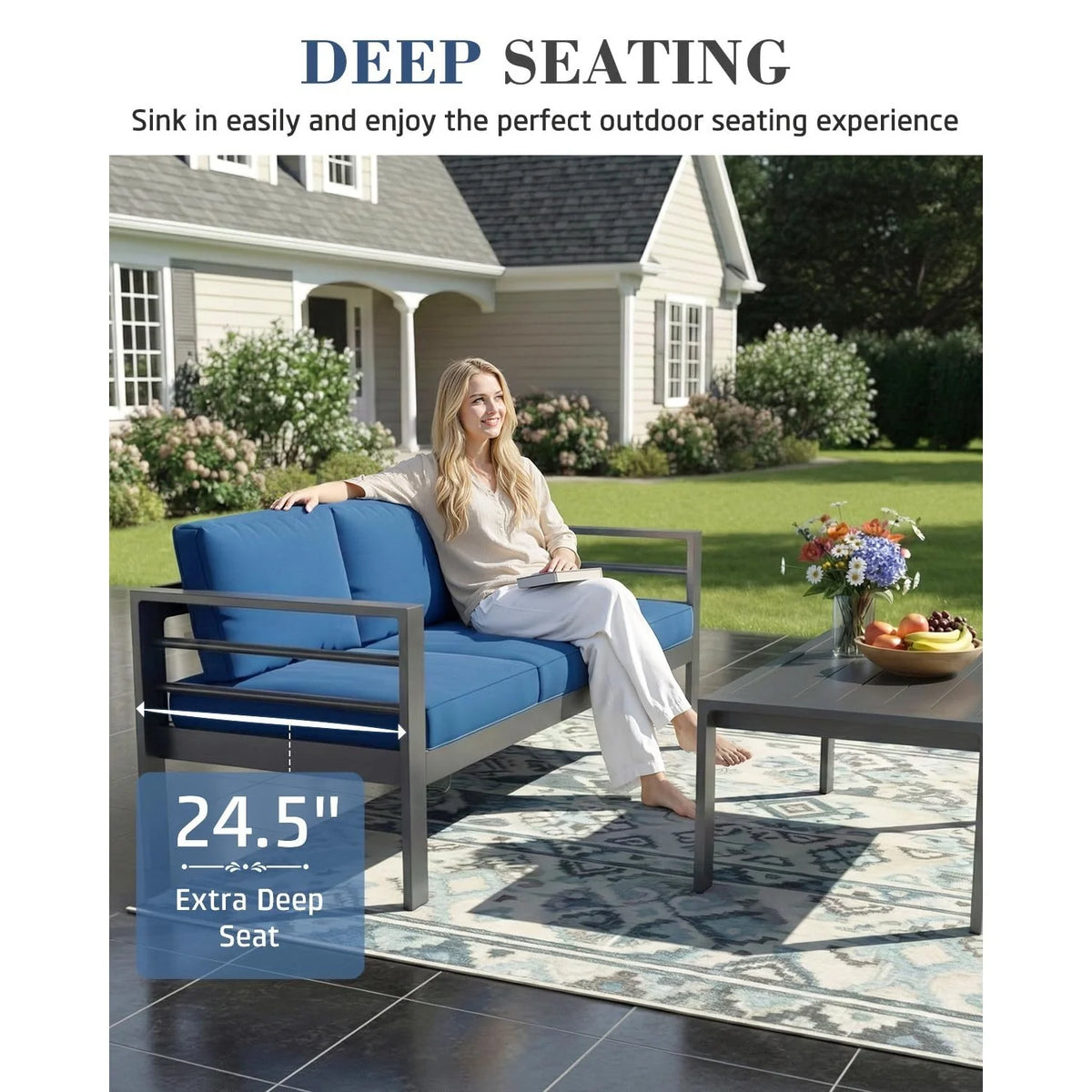 AECOJOY Aluminum Patio Furniture Set, 4 Pieces Outdoor Sectional Sofa Set, Blue