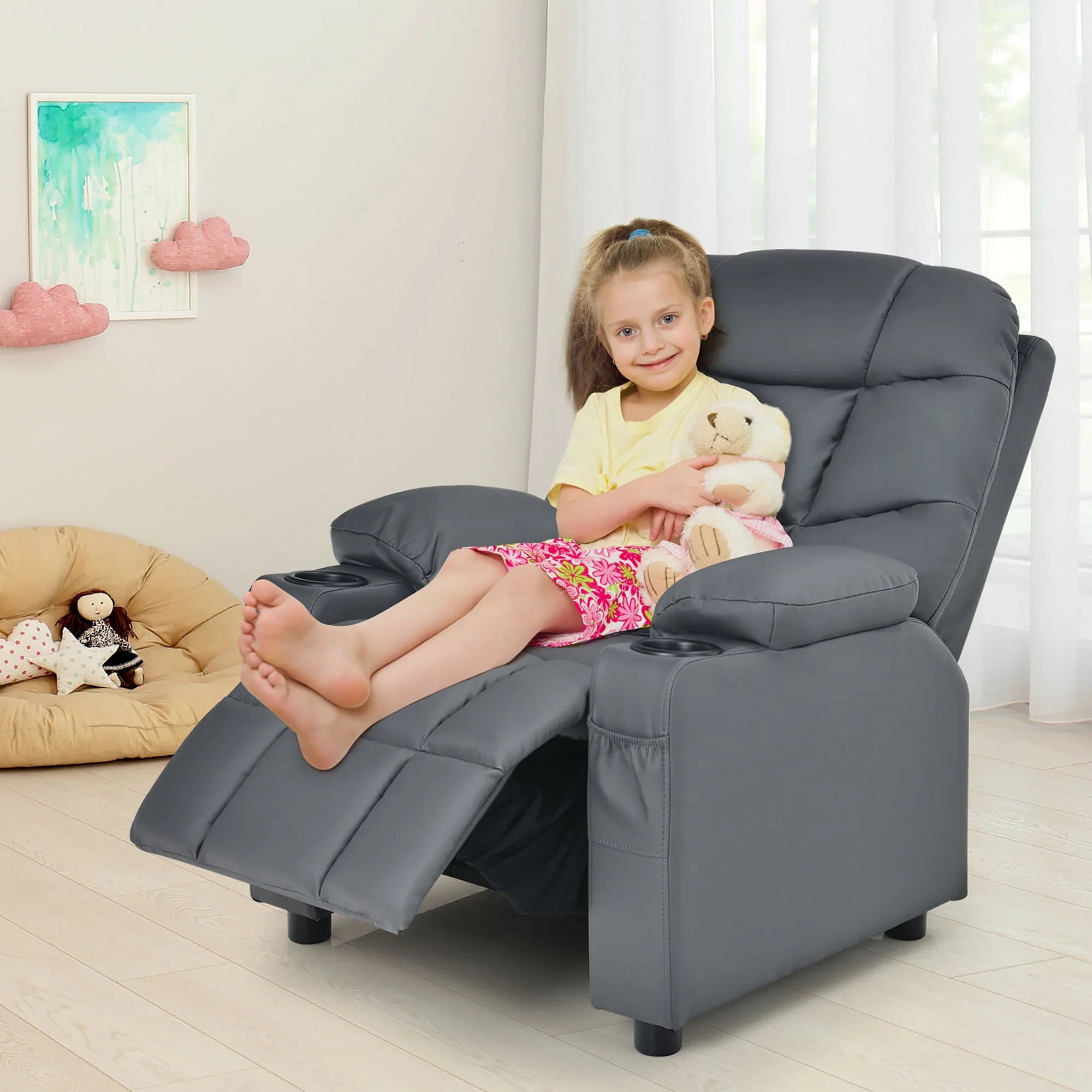 Costway Kids Youth Recliner Chair PU Leather W/Cup Holders & Side Pockets Grey