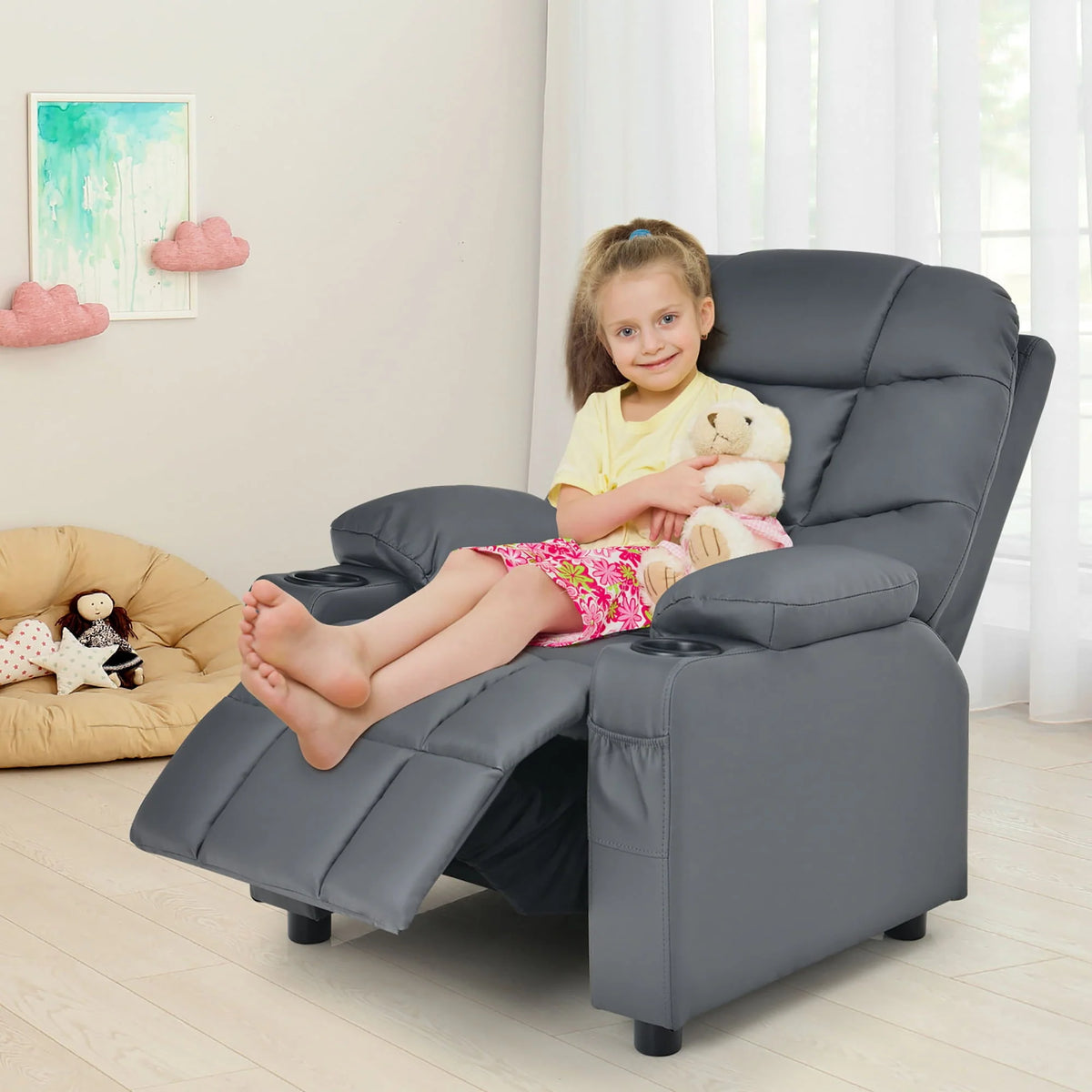 Costway Kids Youth Recliner Chair PU Leather W/Cup Holders & Side Pockets Grey