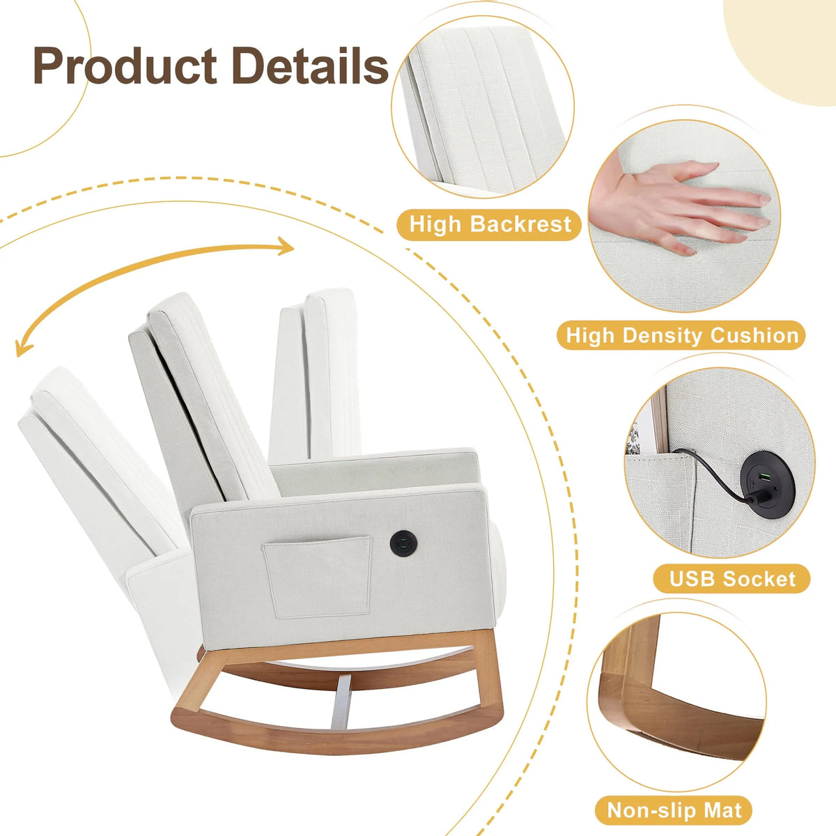 VECELO Rocking Chair Nursery Upholstered with Padded Seat