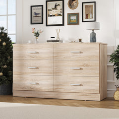 Winkalon 6 Drawer Oak Double Dresser, Wood Storage Cabinet with Easy Pull Out Handles for Living Room, Chest of Drawers for Bedroom