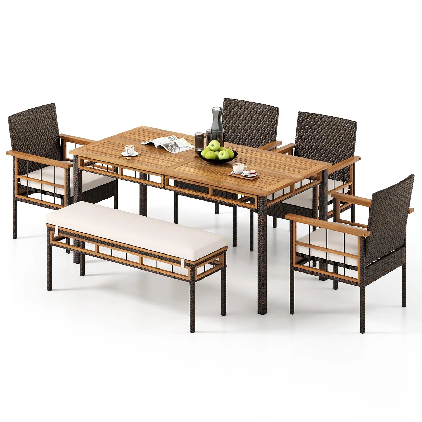Tangkula 6 Pieces Patio Dining Table Set with 1.97” Umbrella Hole & Cushioned Backless Bench & 4 Armchairs