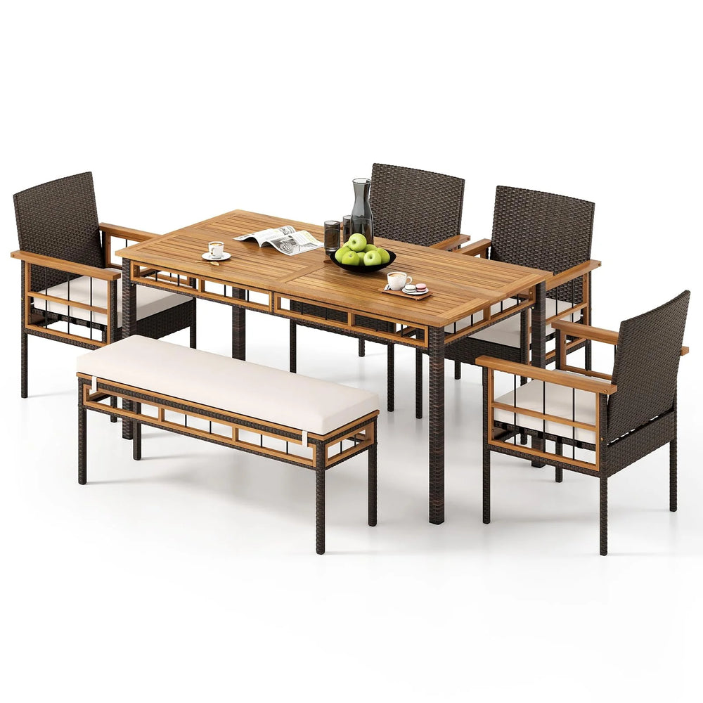 Tangkula 6 Pieces Patio Dining Table Set with 1.97” Umbrella Hole & Cushioned Backless Bench & 4 Armchairs