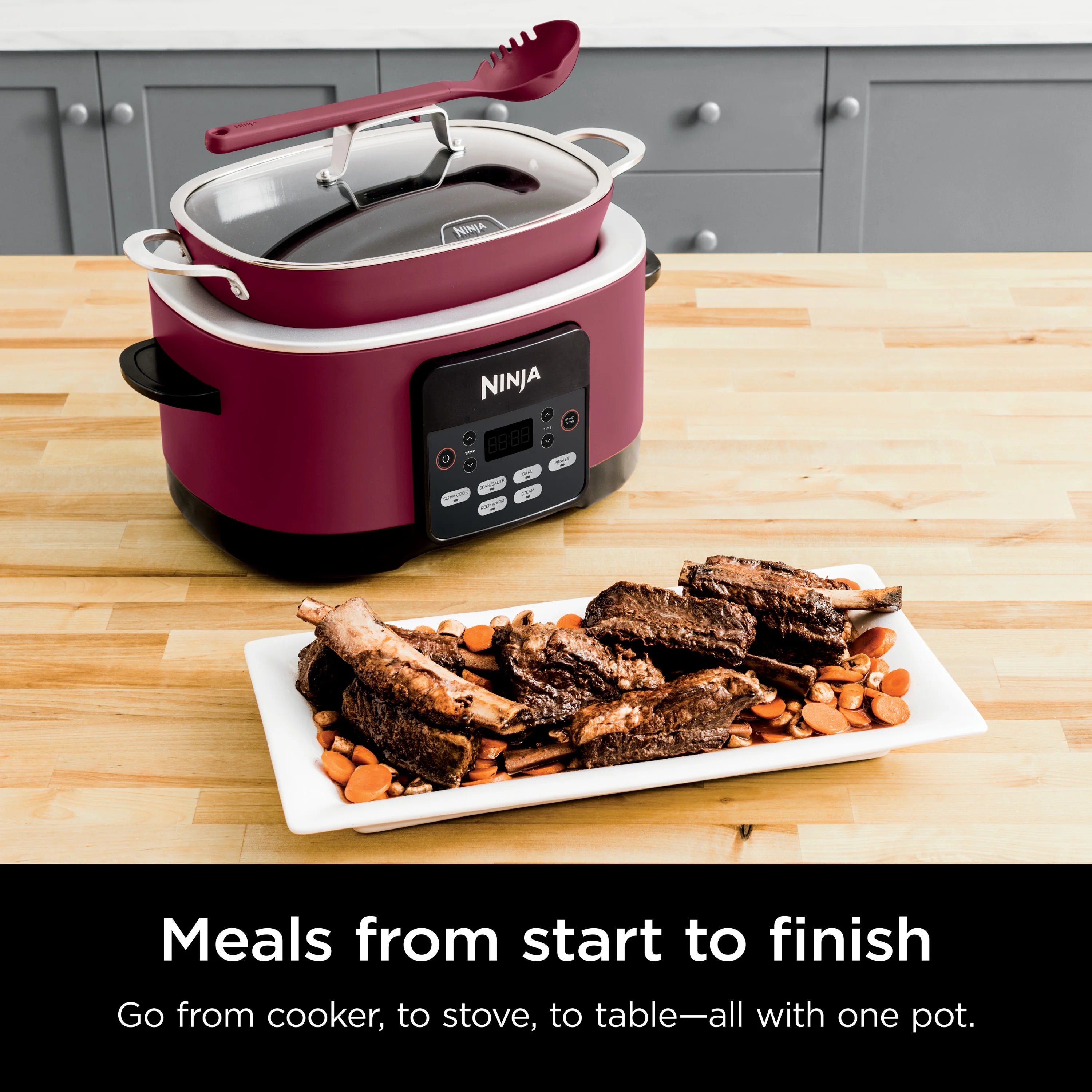Ninja Foodi Possible Cooker, 8.5 Quart, 6 - in - 1 Multi - Cooker, Slow Cooker, Steamer, Glass Lid Integrated Cooking Utensil, Nonstick, Oven Safe Pot to 500°f, Cherry Tarte, MC1000WM