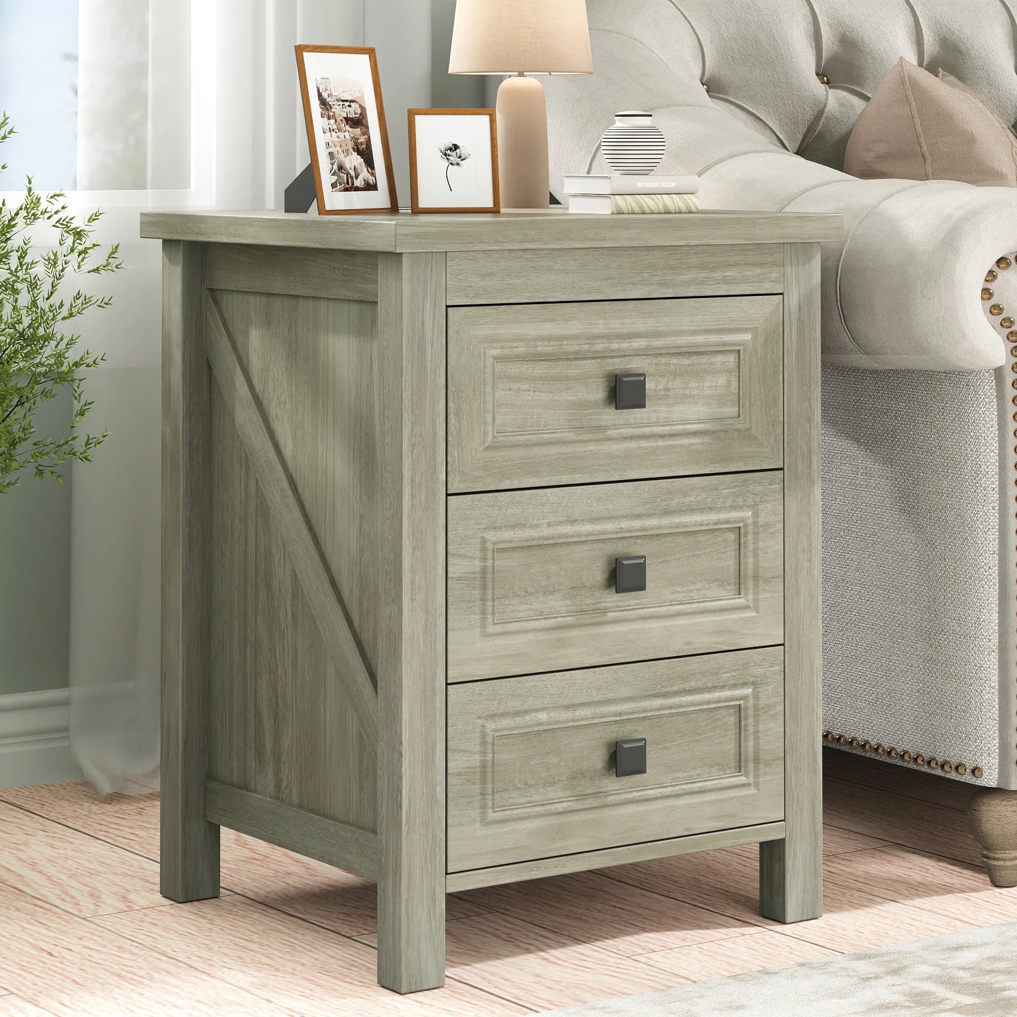 IDEALSOUL Nightstand, Bedside Table with Charging Station, Farmhouse 3 Drawer Nightstand Rustic Night Stand End Tables for Bedroom Living Room, Gray