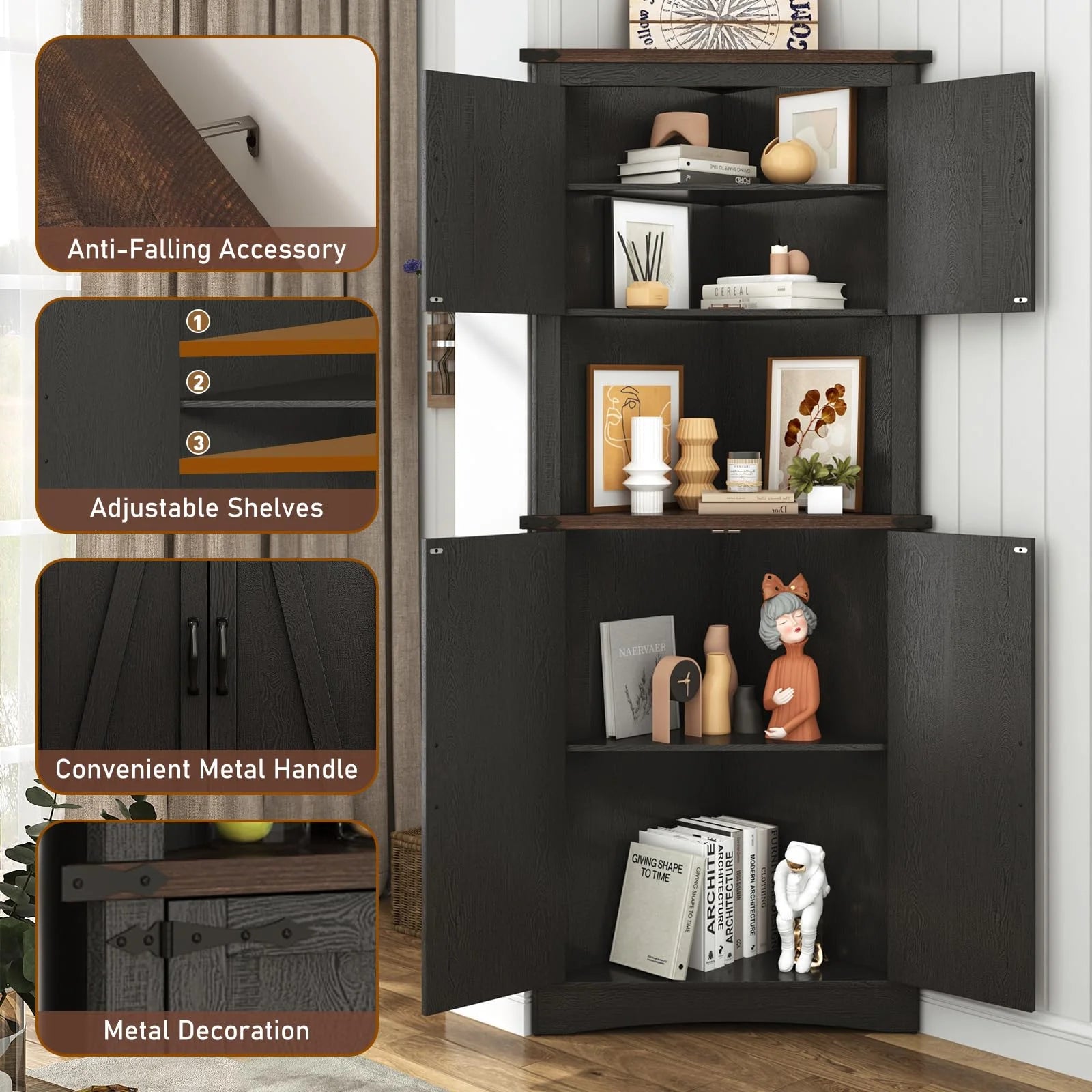 Blotout 68" Tall Farmhouse Corner Cabinet with 4 Doors, 28.3" W Barn Door Storage Cabinet with Adjustable Shelves, 5 Tier Corner Storage Cabinet for Bathroom, Living Room, Kitchen