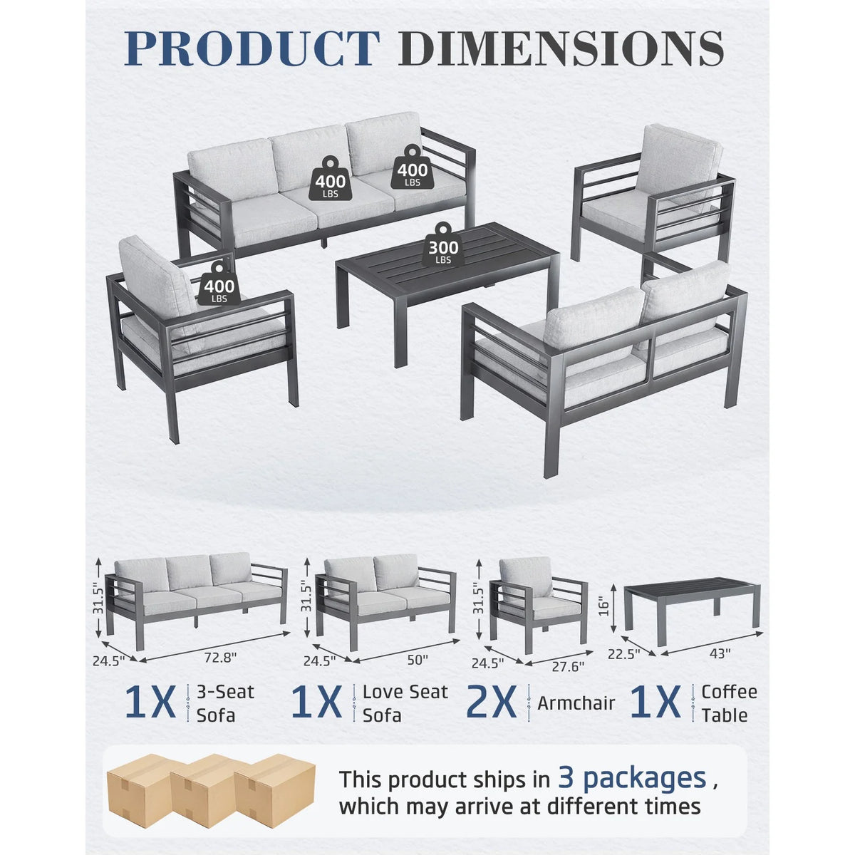 AECOJOY Aluminum Patio Furniture Set, 5 Pieces Outdoor Sectional Sofa Set, Light Gray