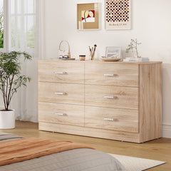 Winkalon 6 Drawer Oak Double Dresser, Wood Storage Cabinet with Easy Pull Out Handles for Living Room, Chest of Drawers for Bedroom