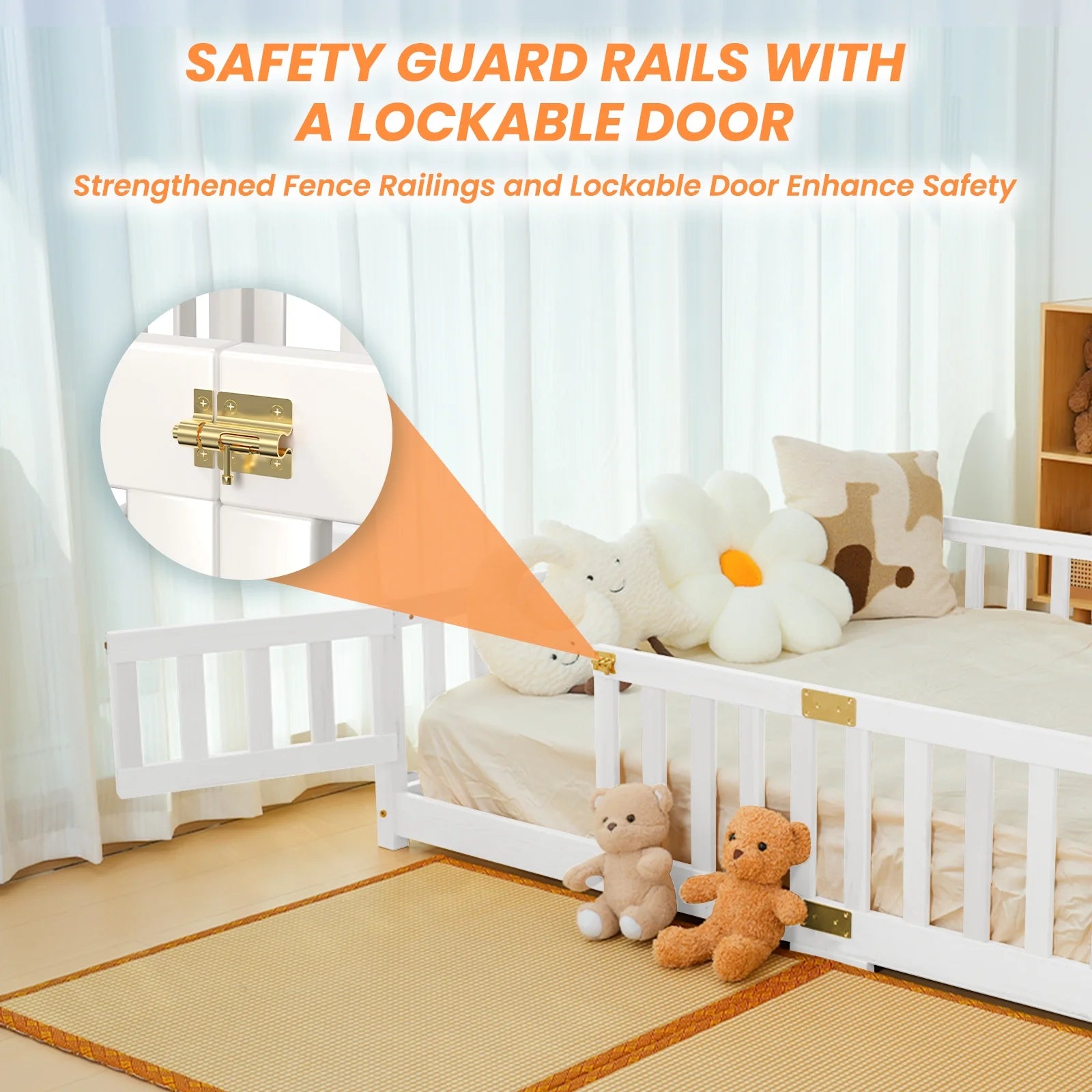 Slsy Twin Size Toddler Floor Bed, Solid Wood Montessori Bed Frame with Fence & Door Montessori Floor Bed Crib with Safety Guardrails for Girls and Boys