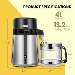SPECSTAR Water Distiller Countertop 1.1 Gallon/4 L 304 Stainless Steel Distilled Water Machine with Smart Switch Purifier Filter for Home Office