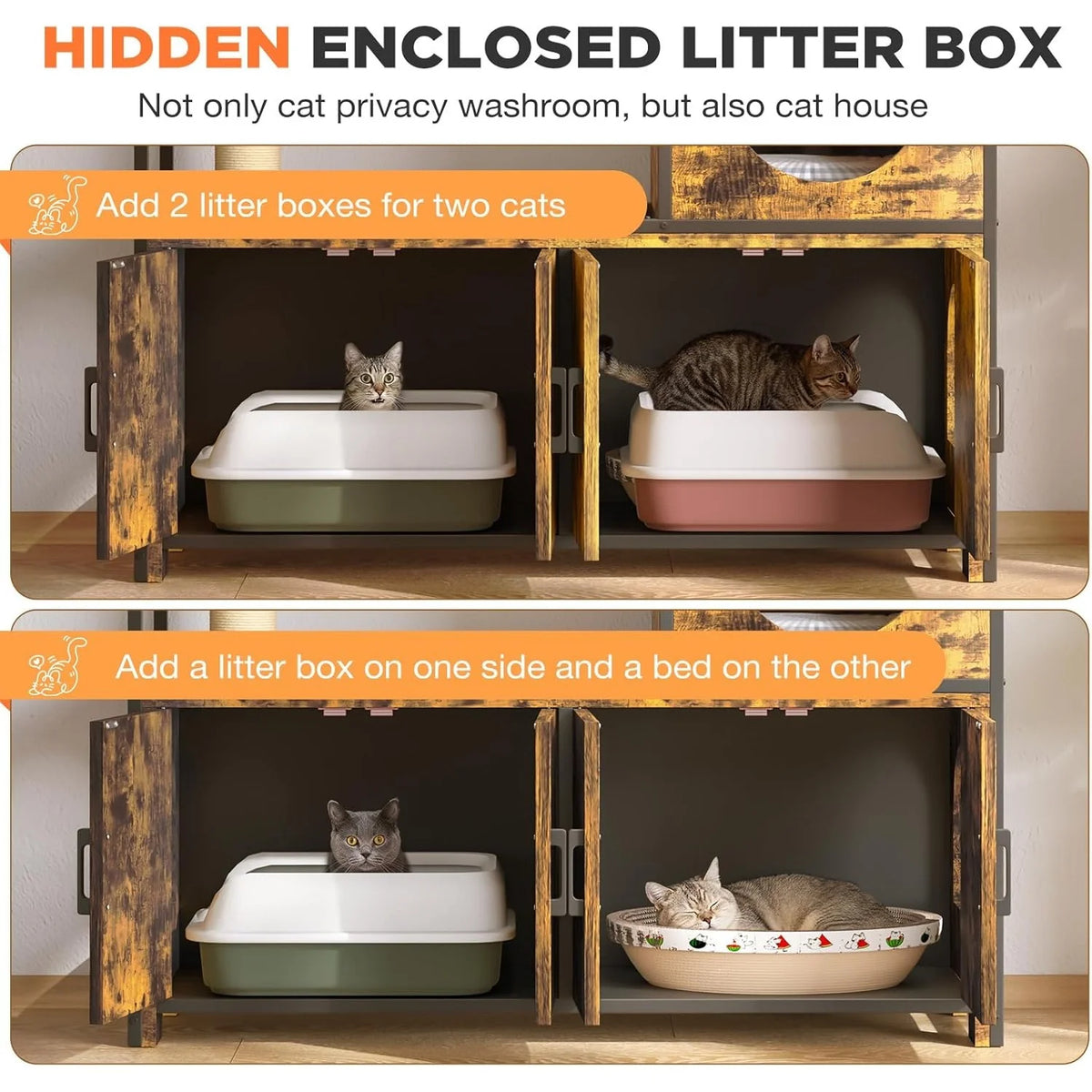 AECOJOY Double Litter Box Enclosure, Wooden Cat Washroom Furniture Hidden with Storage & Doors for 2 Cats