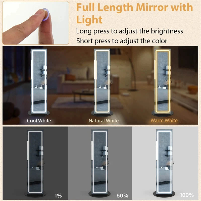 360° Swivel Jewelry Cabinet Armoire w/ Full Length Mirror 3-Color LED Lights & Rear Shelves, Lockable Standing Jewelry Storage Organizer