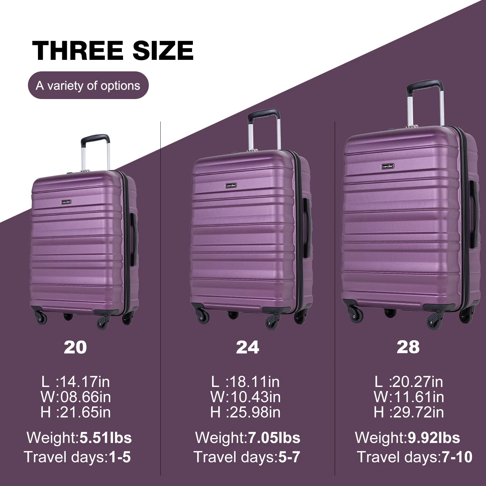 Tripcomp Hardside Luggage Set 3 - Piece Set (21/25/29) Lightweight Suitcase 4 - Wheeled Suitcase Set(Purple)