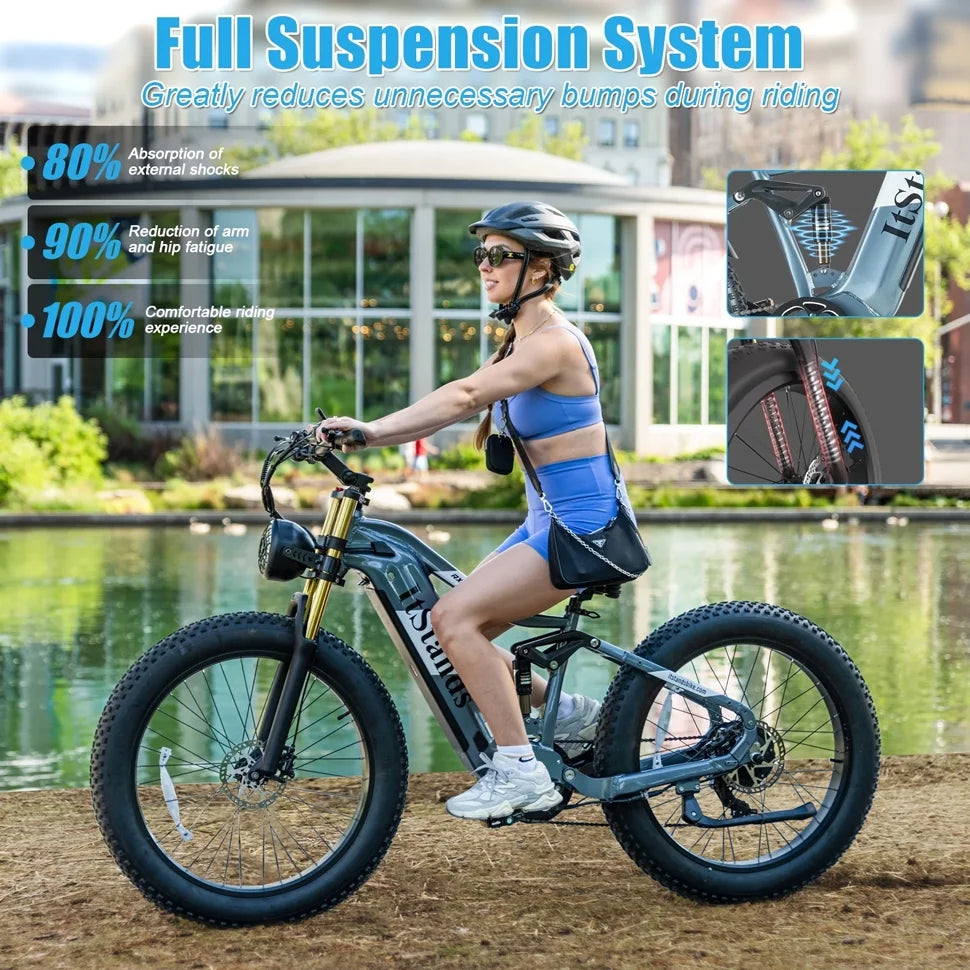 Electric Bike for Adults 26'', 1000W E - Mountain Bike 48V 30/20ah UL2849 Removable Battery, Fat Tire Ebike up to 30MPH Off Road Beach Snow Electric Bicycles Full Suspension & Dual Hydraulic Disc Brakes