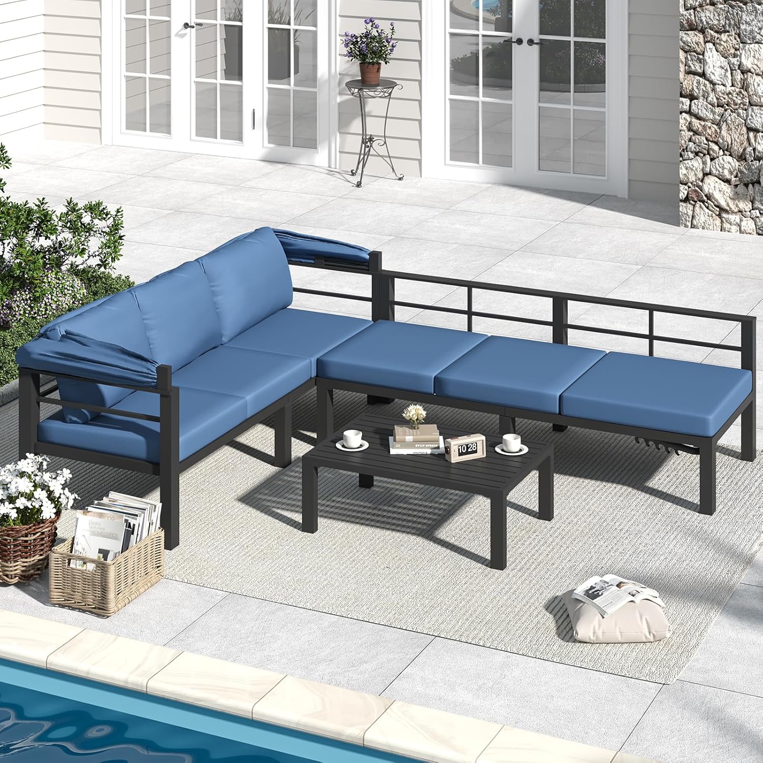 AECOJOY Patio Furniture Set with Retractable Canopy&2 Adjustable Backrests, Outdoor Conversation Set, Dark Blue