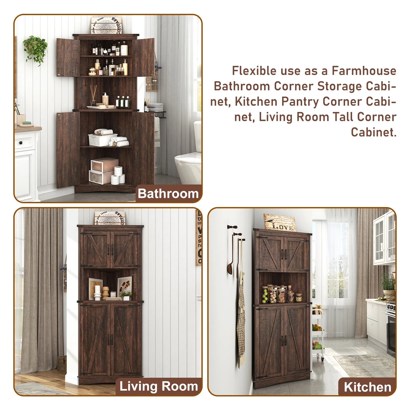 Blotout 68" Tall Farmhouse Corner Cabinet with 4 Doors, 28.3" W Barn Door Storage Cabinet with Adjustable Shelves, 5 Tier Corner Storage Cabinet for Bathroom, Living Room, Kitchen
