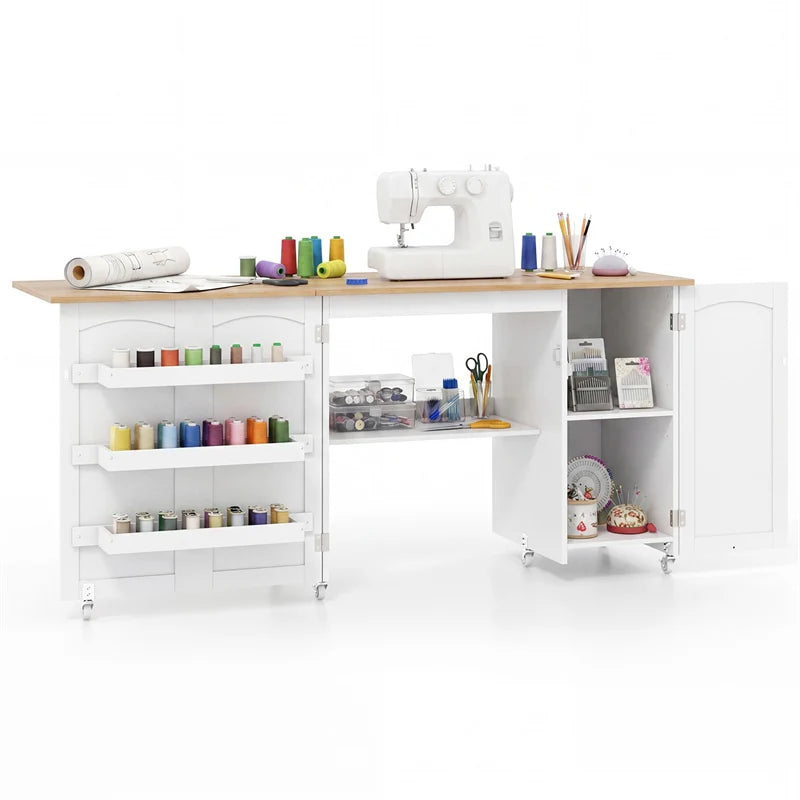62.5" Folding Sewing Table Rolling Craft Station with Storage Cabinet & Shelves, Foldable Sewing Machine Desk w/ Lockable Wheels for Home