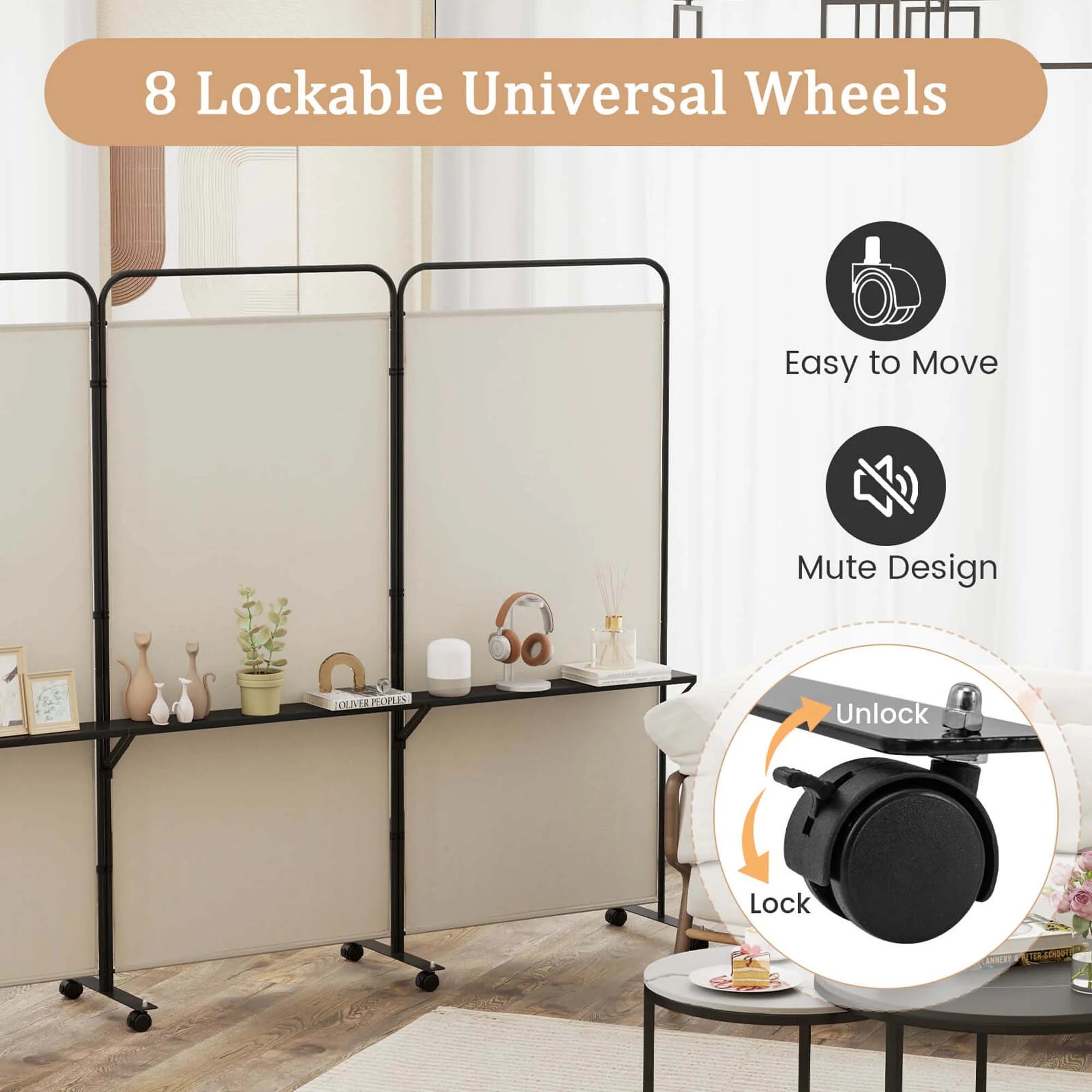 Costway 3 - Panel Room Divider with Storage Shelves 6FT Tall Folding Privacy Screen on Wheels Black