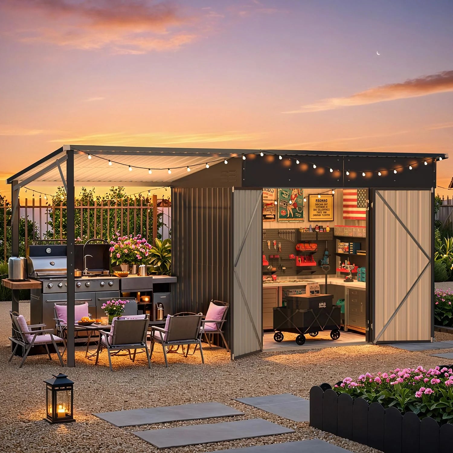 AECOJOY 6'x14' Outdoor Open-Sided Storage Shed with Attached Hardtop Metal Pergola