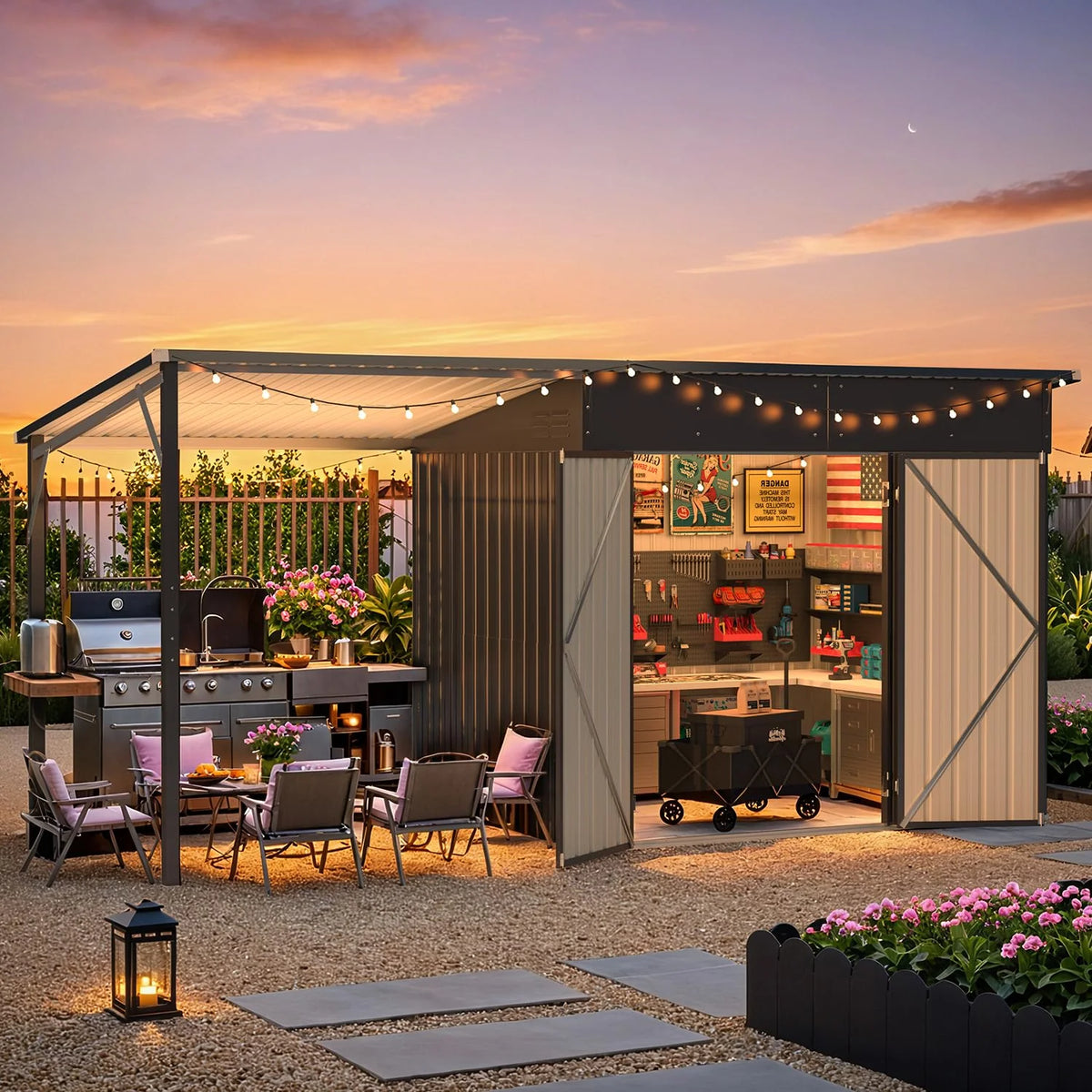 AECOJOY 6'x14' Outdoor Open-Sided Storage Shed with Attached Hardtop Metal Pergola