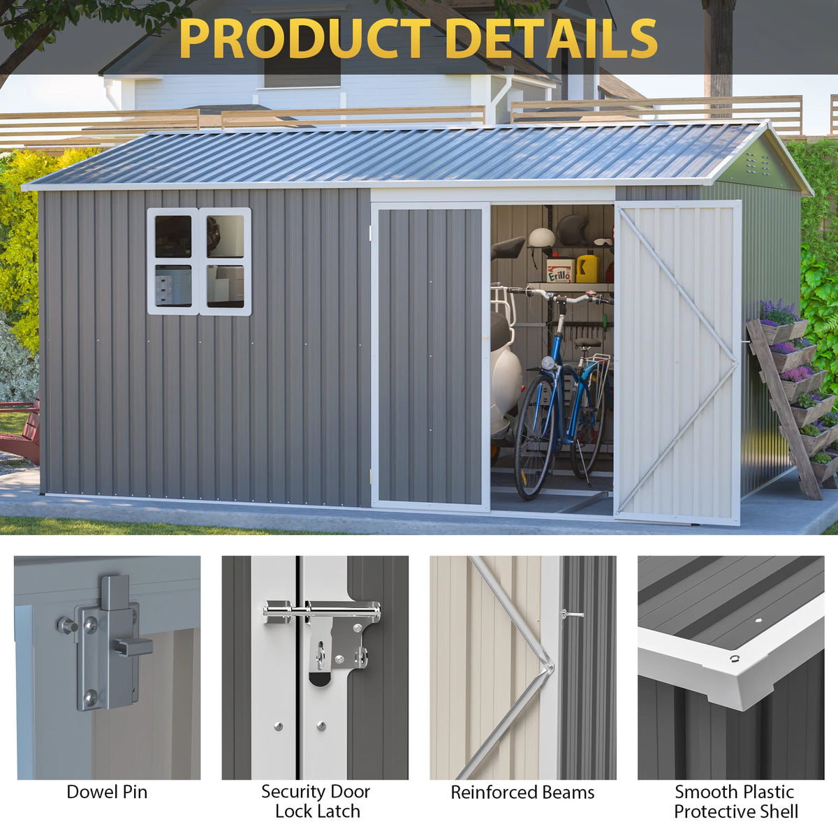 AECOJOY 12x10 FT Outdoor Storage Shed Metal, Large Garden Tool Sheds, Waterproof Steel Utility Storage Building