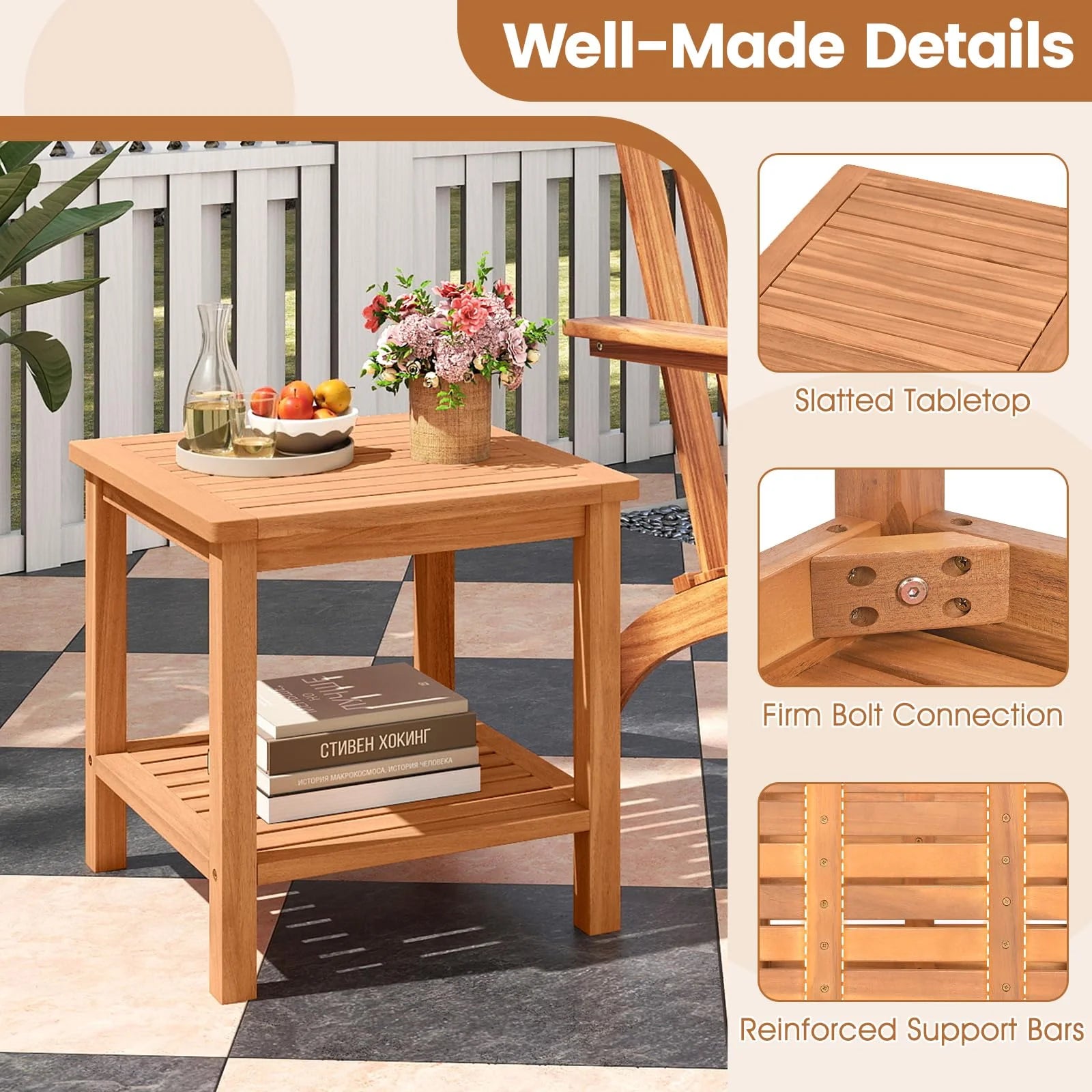 Tangkula 2 Tier Acacia Wood Square End Table with Slatted Tabletop & Storage Shelf