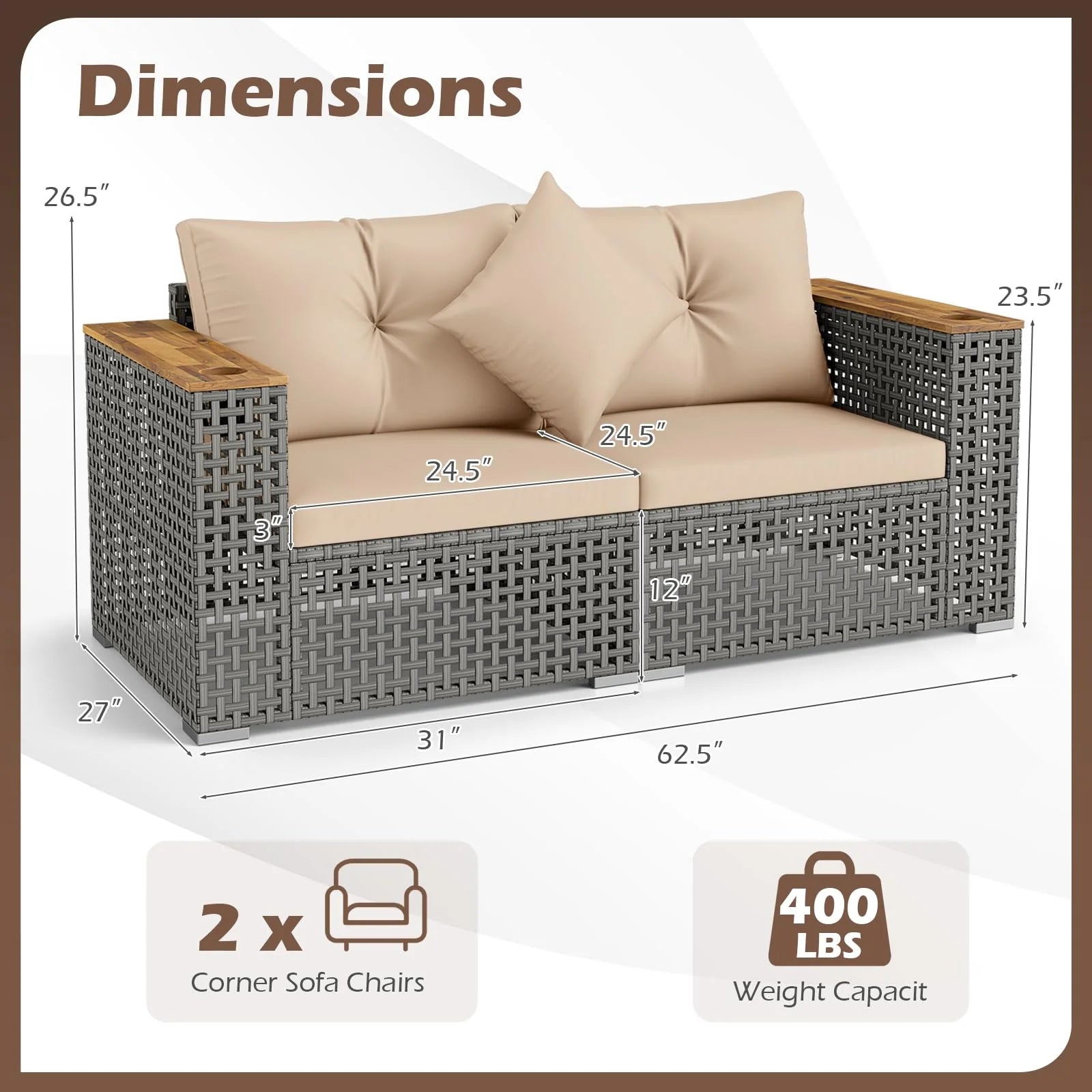 Tangkula 62.5" Large Patio Wicker Loveseat with Acacia Wood Armrests & Cup Holders