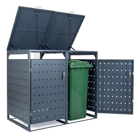 Outdoor Metal Garbage Bin Storage Shed for 2 Trash Cans, 44 Cu.Ft Double Trash Can Enclosure w/ Gas Struts & Lockable Doors, Patio Garden Bin Cabinet