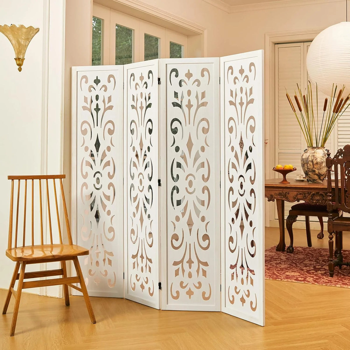 5.6ft Room Divider Folding Wood Classical Carved Partition Screen for Home Office Garden - 4 Panels (White)