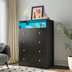 4 - Drawer Black Wood Dresser with LED Lights, Modern Chest of Drawers for Bedroom, Living Room